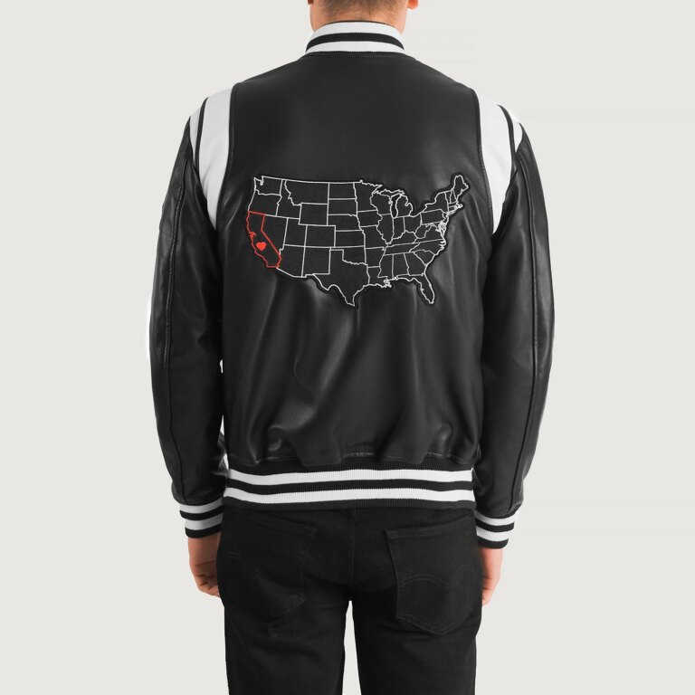 Mens Liberte California Black Leather Varsity Jacket Tilted Back-8-1704192936055